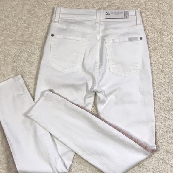 New 7FAMK High Rise 25 Super Skinny Leg Rainbow Fringe Trim White Jean Resort - Picture 5 of 15